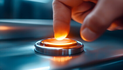 Wall Mural - finger pressing glowing button; futuristic tech background; technology concept