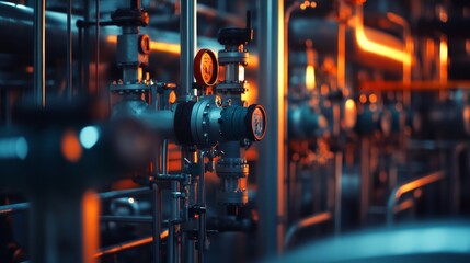 A complex array of industrial pipes and gauges in a factory, bathed in warm light, conveys the precision and intricacy of modern engineering.