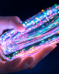 Wall Mural - hand holding glowing phone, light trails, dark background, tech concept