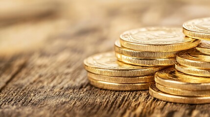 Poster - Closeup image of golden coins stacked on a wooden surface representing wealth investment and financial opportunities : Generative AI