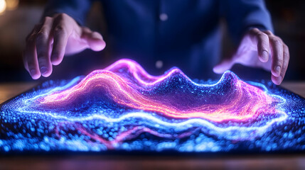 Wall Mural - man interacts with holographic data, night setting, technology future