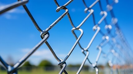 Fototapete - Closeup view of a shiny chain link fence against a bright blue sky with a focus on metal structures and sunlight reflections : Generative AI