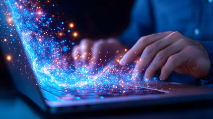 Wall Mural - man typing on laptop, digital data flow, night, work