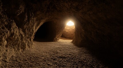 Poster - Illuminated Cave Entrance with Natural Light Casting Shadows on Rocky Walls : Generative AI