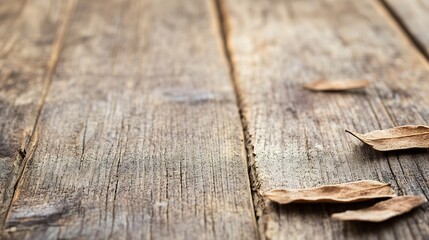 Poster - Dry Brown Leaves on a Weathered Wooden Surface in a Rustic Setting : Generative AI