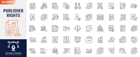 publisher rights line icon set. editable stroke. containing as copyright, license, publisher, intell