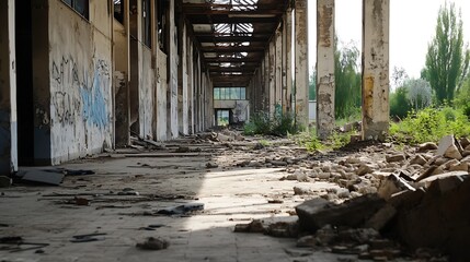 Poster - Abandoned industrial corridor with crumbling walls and overgrown vegetation in a deserted building : Generative AI