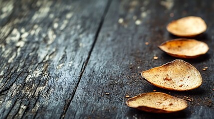 Aufkleber - Four dried seeds arranged on a rustic wooden surface with a dark background and detailed textures : Generative AI