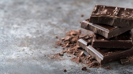 Poster - Stack of dark chocolate bars on a textured gray surface with cocoa crumbs creating a rich and inviting dessert atmosphere : Generative AI