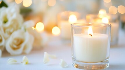 Fototapete - Multiple scented candles with soft glow surrounding white roses for romantic ambiance : Generative AI