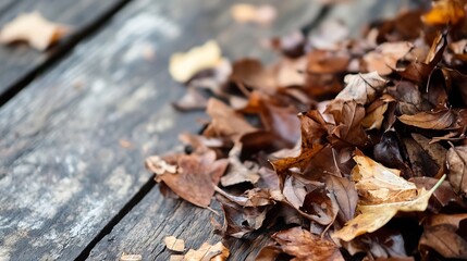 Poster - Autumn leaves scattered on a rustic wooden surface showcasing nature's beauty and transition : Generative AI