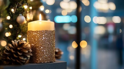Aufkleber - Festive glowing candle with sparkly decoration creating warm ambiance for the holiday season : Generative AI