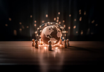 Leinwandbilder - A glowing globe encircled by light trails rests on a wooden surface, surrounded by small wooden figures against a dark backdrop, symbolizing global connections and unity.