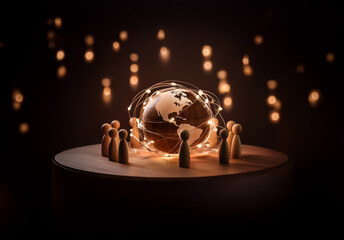 Leinwandbilder - Illuminated globe encircled by lights and wooden figures on a round platform, set against a dark background with bokeh lights.