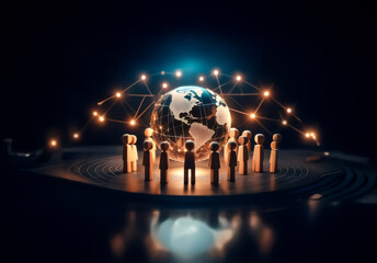 Fototapete - A group of figurines stand in a circle around a glowing globe on a dark platform. Bright lines connect the globe to each figurine, representing global connection and networking.