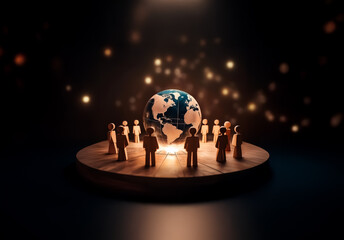 Leinwandbilder - Miniature figures encircle a luminous globe on a round platform, bathed in warm light. A dark, bokeh-filled backdrop enhances the scene.