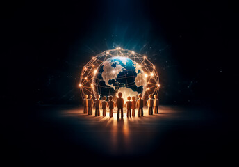 Leinwandbilder - A glowing digital network encircles a world globe.  Silhouetted figures stand united in a circle below, bathed in light, representing global unity and connection.