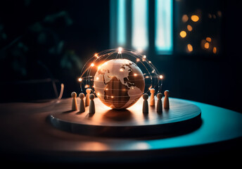 Poster - Illuminated sphere encircled by figures on a round platform. Depicts a global network and worldwide connections with a sense of unity.