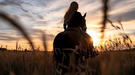 Wall Mural - Silhouetted figure of a woman riding a horse against a stunning sunset in a golden field : Generative AI