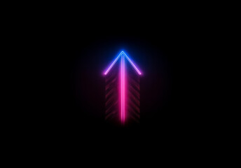 Wall Mural - Neon arrow points upwards, brightly glowing with vibrant blue and pink hues against a stark black backdrop. Simple, directional, and eye-catching.