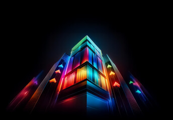 Fototapete - A vibrant abstract geometric structure rises against a dark backdrop, illuminated by a spectrum of glowing neon colors, creating a futuristic and dynamic perspective.