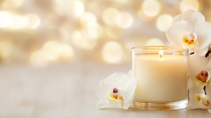 Poster - Elegant and serene candle surrounded by white orchids with a blurred background of soft golden lights : Generative AI