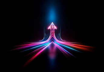 Poster - A luminous arrow bursts from the dark, ascending with vibrant pink, blue, and red trails.  Dynamic streaks of light create a sense of forward motion and energy on a black backdrop.