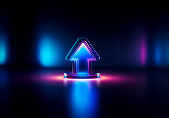 Aufkleber - a luminous arrow symbol points upwards, bathed in vibrant neon blue and pink light against a dark ba