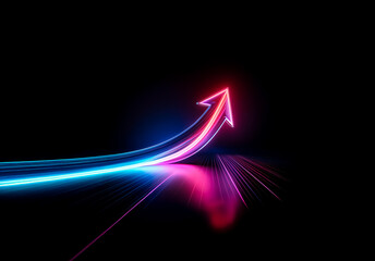 Leinwandbilder - A vibrant neon arrow, illuminated in red and blue hues, dramatically points upwards against a stark black backdrop, creating a sense of dynamic movement and forward direction.