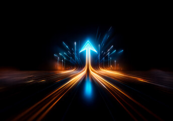 Poster - A vibrant blue arrow ascends amidst streaks of orange and blue light on a dark backdrop, creating a sense of forward motion and bright direction in an abstract design.