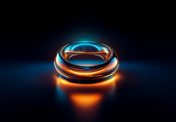 Poster - Circular glassy object with vibrant blue and orange light reflections on a dark background, creating a futuristic, glowing effect.