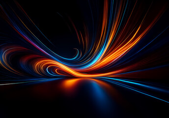 Aufkleber - Abstract light trails in vibrant hues of orange and blue swirl and curve across a dark backdrop, creating a sense of motion and energy. The streaks illuminate the scene with a dynamic glow.