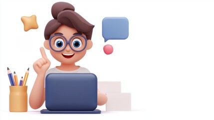 Commercial advertisements influence consumers. Cheerful character with laptop and stationery, ready to engage in conversation.