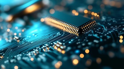 Fototapete - Closeup view of electronic circuit board with detailed microchip illuminated by blue lights : Generative AI