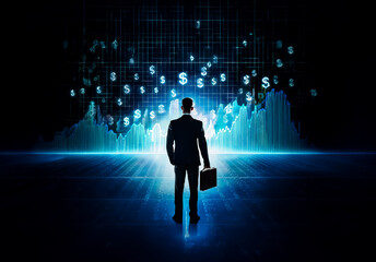 Aufkleber - A businessman in a suit and briefcase gazes at digital dollar symbols and glowing graphs against a dark backdrop, representing financial technology and market analysis.