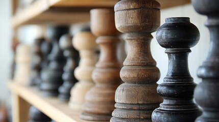 Poster - Various wooden turned pieces displayed on shelves showcasing craftsmanship and design details : Generative AI