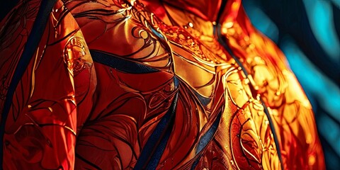 Poster - A close up of a red and blue fabric with gold designs