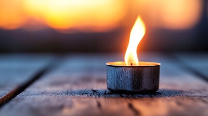 Fototapete - Burning candle in metal holder creating warm ambiance during sunset hours with a soft blurred background : Generative AI