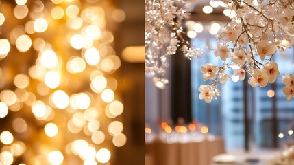 Poster - Artistic blur of lights and delicate flowers creating a dreamy atmosphere in an elegant festive setting : Generative AI