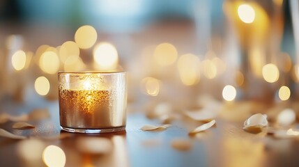 Leinwandbilder - Beautifully lit candle with mesmerizing glow surrounded by soft petals and warm ambiance : Generative AI