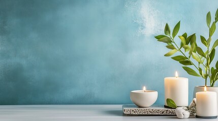 Fototapete - Tranquil arrangement of candles and a vase with green leaves on a soft blue background for serene ambiance : Generative AI