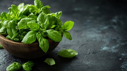 Poster - Fresh basil leaves in a wooden bowl on a dark surface for culinary and herbal use : Generative AI