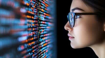a woman wearing glasses intently studies a digital data display