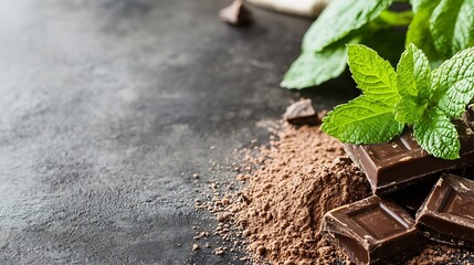 Poster - Melted dark chocolate pieces with fresh mint leaves on a rustic black background : Generative AI