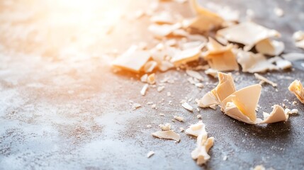 Poster - Broken pieces of white chocolate scattered on a rustic surface illuminated by soft warm sunlight : Generative AI