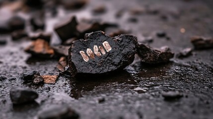 Aufkleber - Closeup of unique black rock with white markings resting on wet ground showcasing nature's artistry : Generative AI