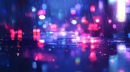 Wall Mural - Neon lights blur and reflect off a rain-soaked street, capturing the vibrant energy of a city night.