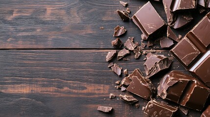 Poster - Freshly Cracked Chocolate Bars and Pieces Scattered on a Dark Wooden Surface : Generative AI