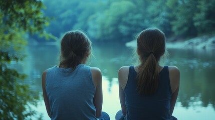 Wall Mural - Two friends seated by a serene lake, embraced by lush greenery, reflecting tranquility and companionship.