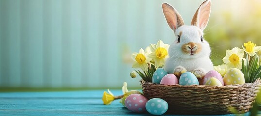 Canvas Print - Adorable Easter Bunny Basket with Colorful Eggs and Daffodil Blooms, Spring Celebration Background